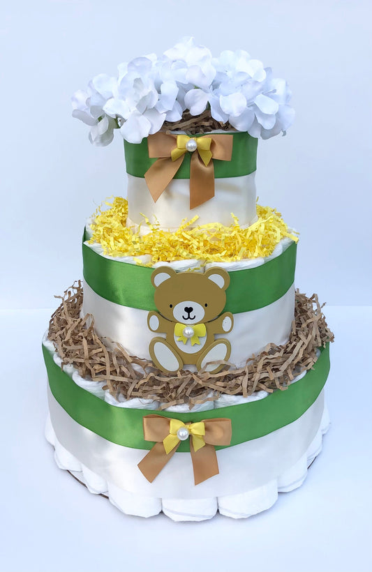 Diaper Cake 3 Tier, Teddy Bear Style, Unisex, Neutral,Baby Shower Centerpiece Decor Gift, Practical Handmade Gift