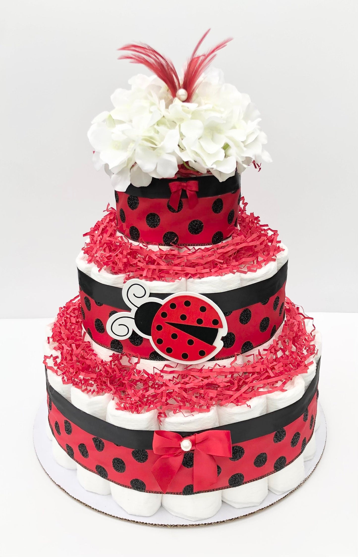 Diaper Cake 3 Tier, Ladybug Style, Unisex,Neutral, Baby Shower Centerpiece Decor Gift, Practical Handmade Gift