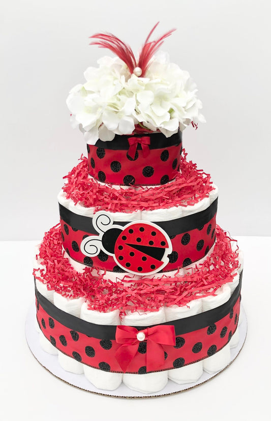 Diaper Cake 3 Tier, Ladybug Style, Unisex,Neutral, Baby Shower Centerpiece Decor Gift, Practical Handmade Gift
