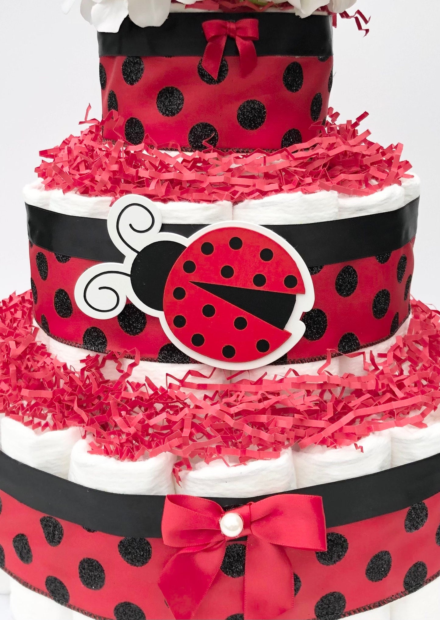 Diaper Cake 3 Tier, Ladybug Style, Unisex,Neutral, Baby Shower Centerpiece Decor Gift, Practical Handmade Gift