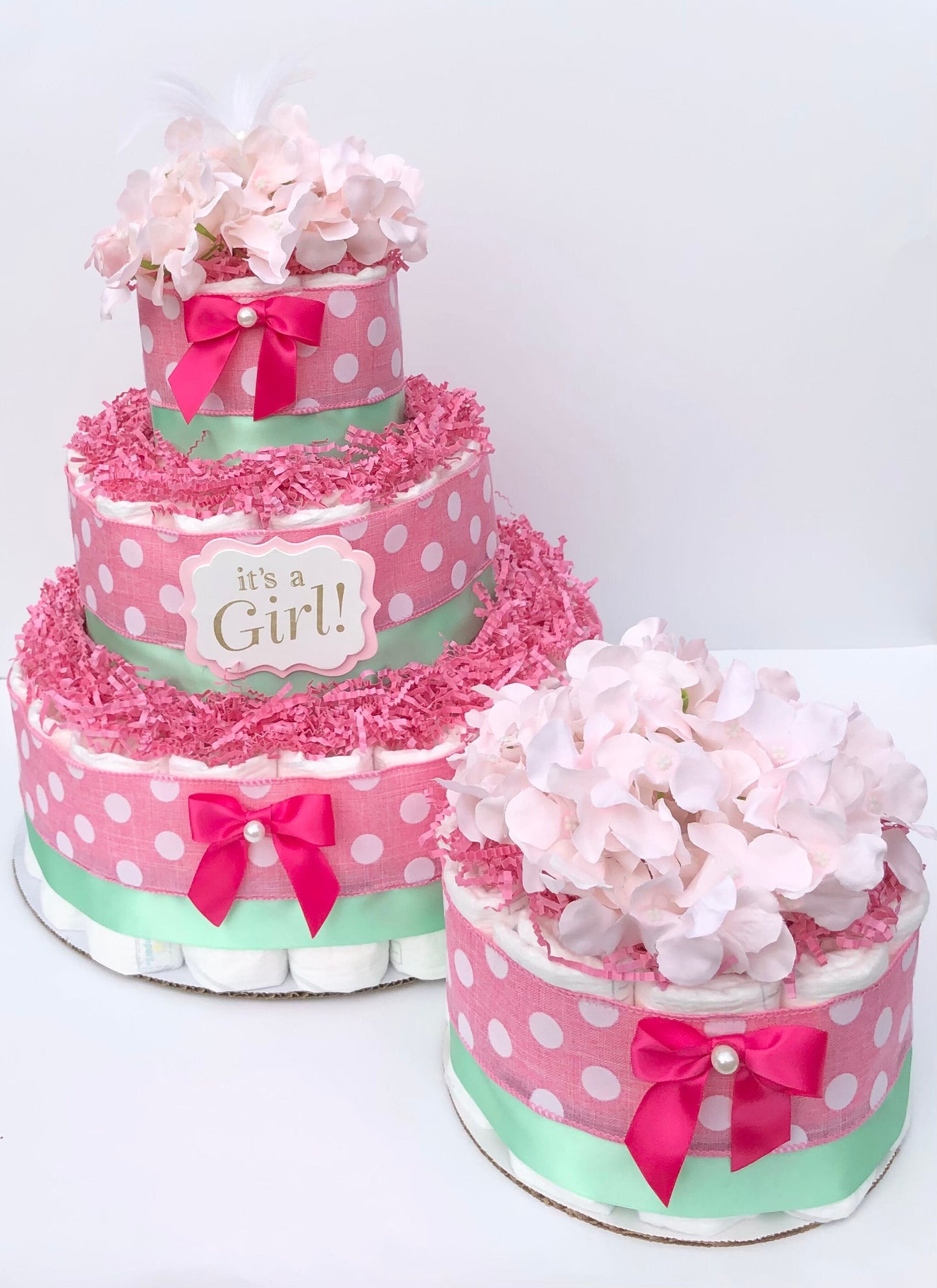 Diaper Cake 1 Tier, Polka Dot/Classic Style,Baby Girl, Baby Shower Centerpiece Decor Gift,Neutral, Practical Handmade Gift