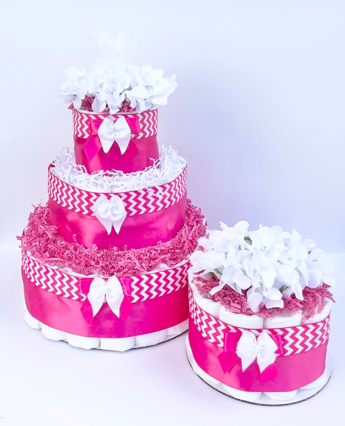 Diaper Cake 1 Tier, Chevron Style, Baby Girl, Baby Shower Centerpiece Decor Gift,Neutral, Practical Handmade Gift