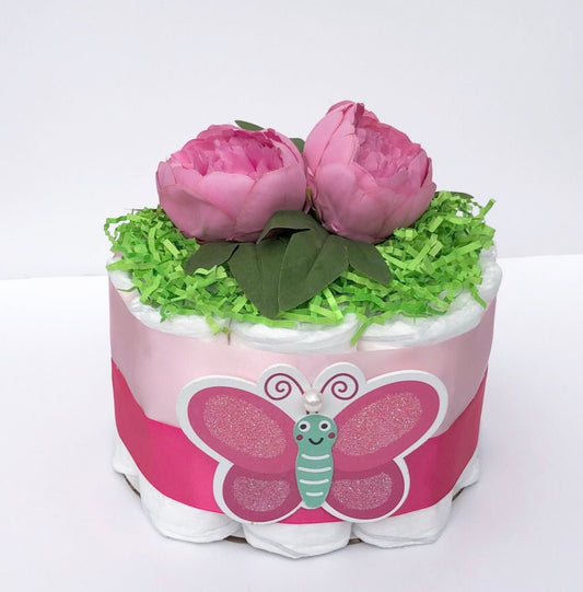 Diaper Cake 1 Tier, Butterfly Style, Baby Girl, Baby Shower Centerpiece Decor Gift, Neutral, Practical Handmade Gift