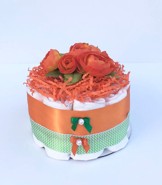 Diaper Cake 1 Tier, Orange/ Botanical Style, Unisex, Neutral,Baby Shower Centerpiece Decor Gift, Practical Handmade Gift