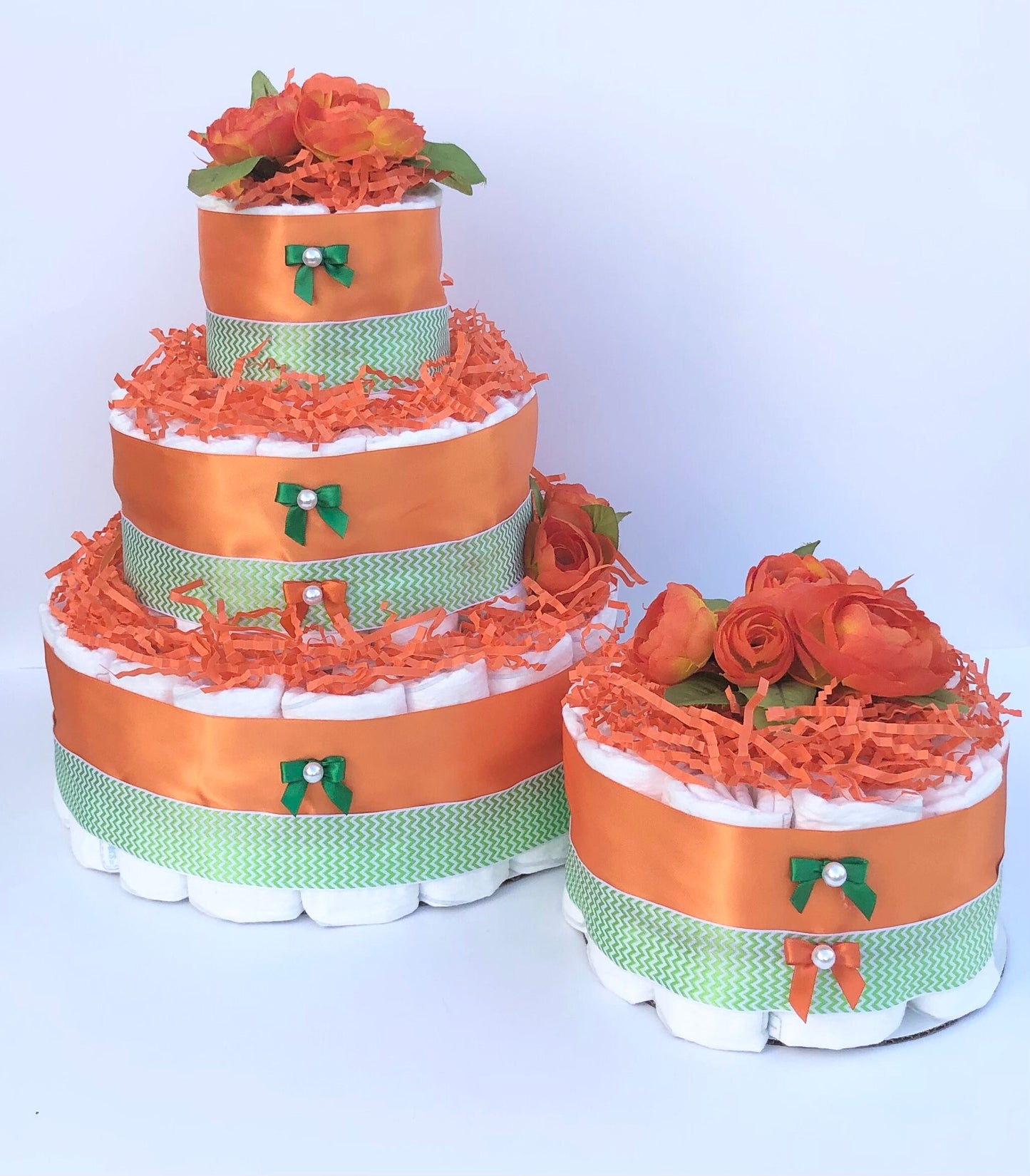 Diaper Cake 1 Tier, Orange/ Botanical Style, Unisex, Neutral,Baby Shower Centerpiece Decor Gift, Practical Handmade Gift