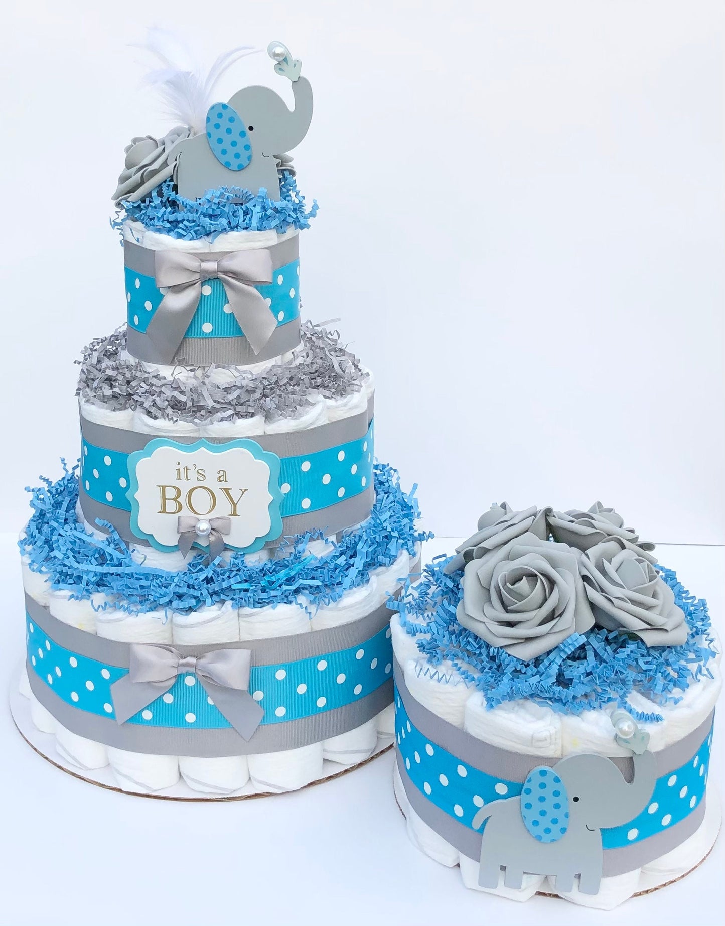 Diaper Cake 1 Tier, Elephant /Jungle Style,Unisex ,Baby Shower Centerpiece Decor Gift, Neutral, Practical Handmade Gift