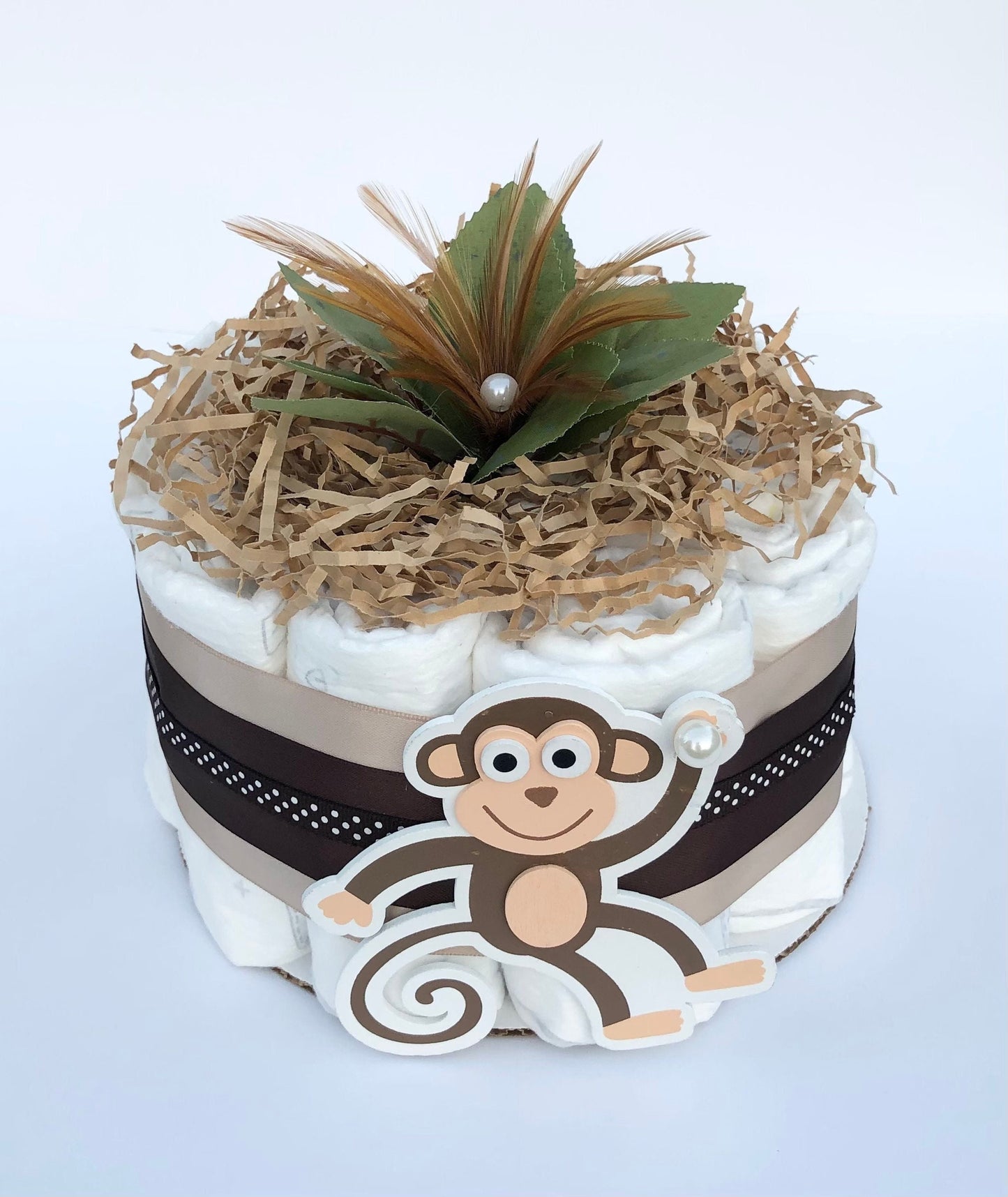 Diaper Cake 1 Tier, Monkey/ Jungle Style, Unisex, Neutral,Baby Shower Centerpiece Decor Gift, Practical Handmade Gift
