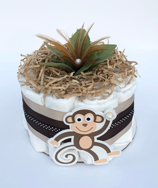 Diaper Cake 1 Tier, Monkey/ Jungle Style, Unisex, Neutral,Baby Shower Centerpiece Decor Gift, Practical Handmade Gift