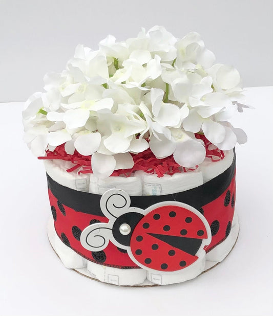 Diaper Cake 1 Tier, LadyBug Style, Unisex, Baby Shower Centerpiece Decor Gift, Neutral, Practical Handmade Gift