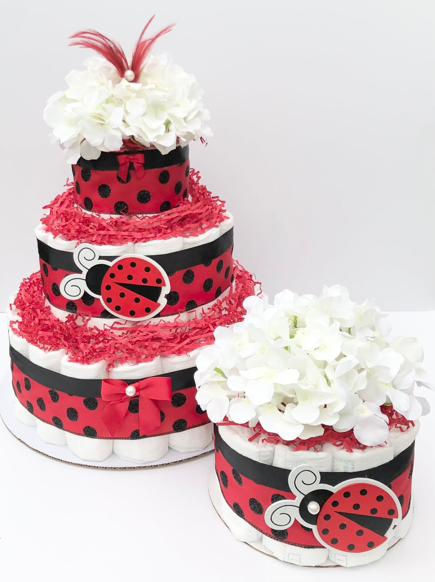 Diaper Cake 1 Tier, LadyBug Style, Unisex, Baby Shower Centerpiece Decor Gift, Neutral, Practical Handmade Gift