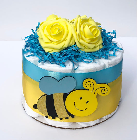Diaper Cake 1 Tier, Bumble Bee Style, Unisex, Neutral, Baby Shower Centerpiece Decor Gift, Practical Handmade Gift