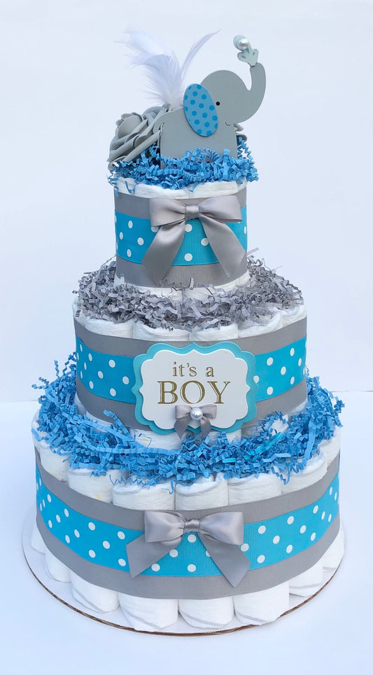 Diaper Cake 3 Tier, Elephant /Jungle Style,Baby Shower Centerpiece Decor Gift, Neutral, Practical Handmade Gift
