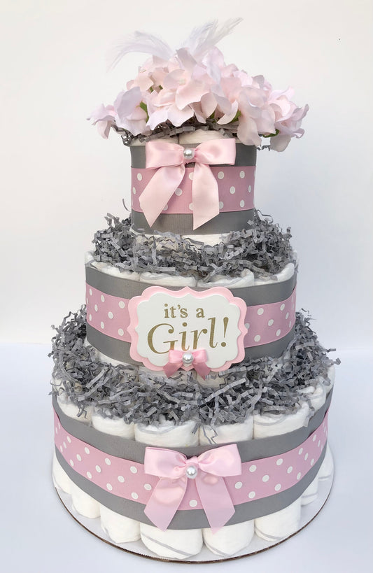 Diaper Cake 3 Tier, Pastel Polka Dot Style, Baby Girl, Shower Centerpiece Decor Gift,Neutral,Practical Handmade Gift