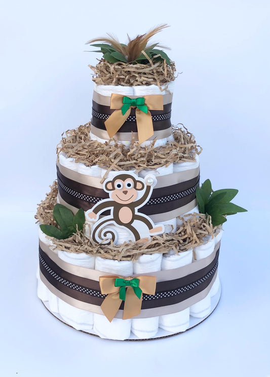Diaper Cake 3 Tier, Monkey/Jungle Style, Unisex, Neutral,Baby Shower Centerpiece Decor Gift, Practical Handmade Gift