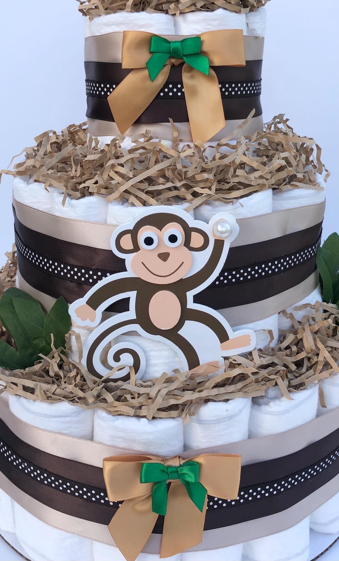 Diaper Cake 3 Tier, Monkey/Jungle Style, Unisex, Neutral,Baby Shower Centerpiece Decor Gift, Practical Handmade Gift