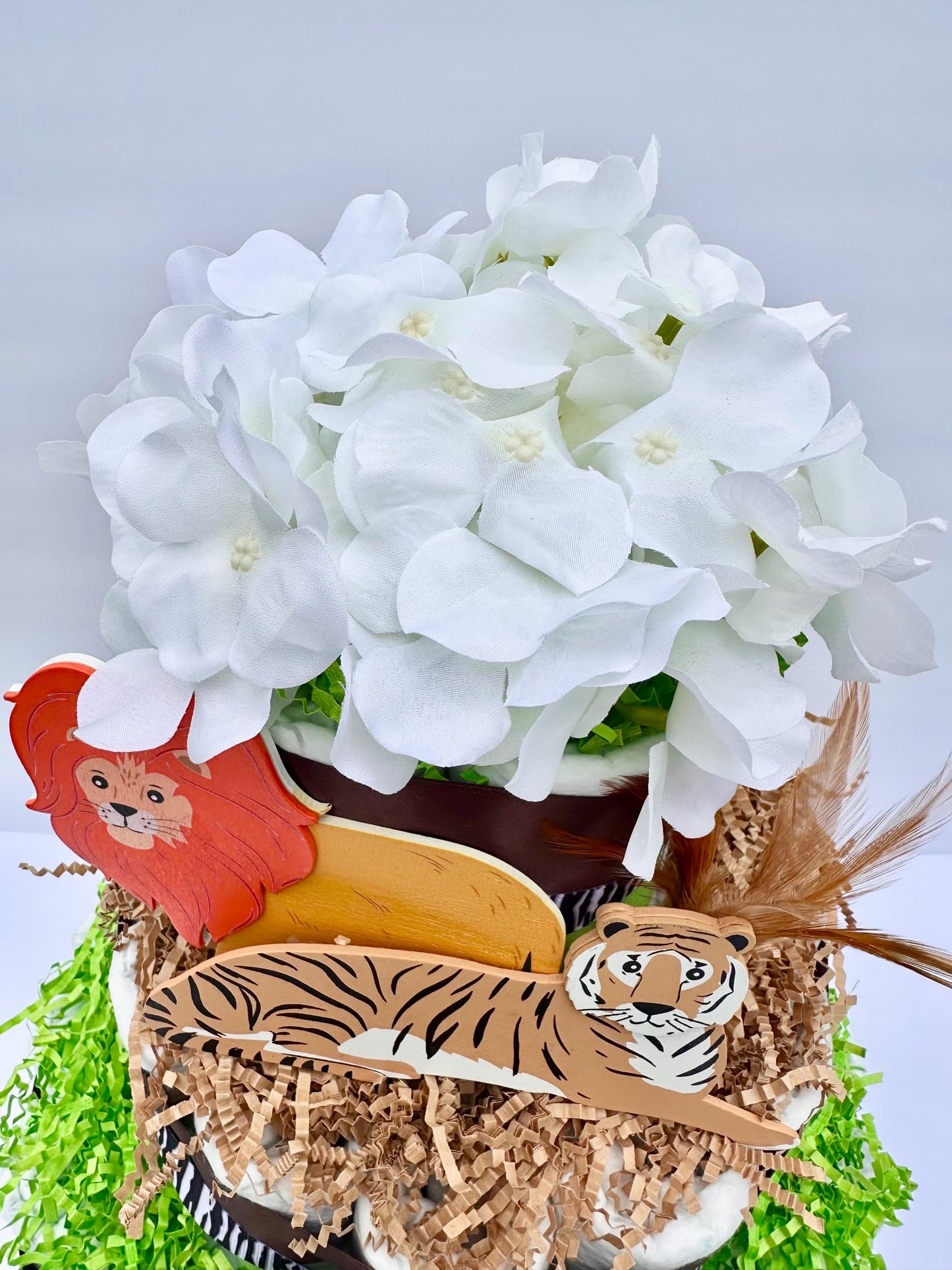 Diaper Cake 3 Tier, Jungle Style, Unisex, Neutral, Baby Shower Centerpiece Decor Gift, Practical Handmade Gift