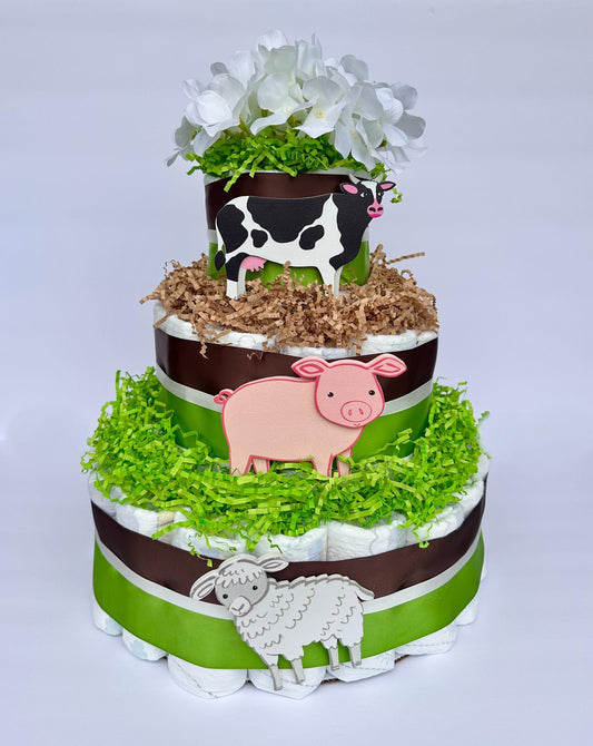 Diaper Cake 3 Tier, Farm Style,Unisex, Baby Shower Centerpiece Decor Gift, Neutral,Practical Handmade Gift