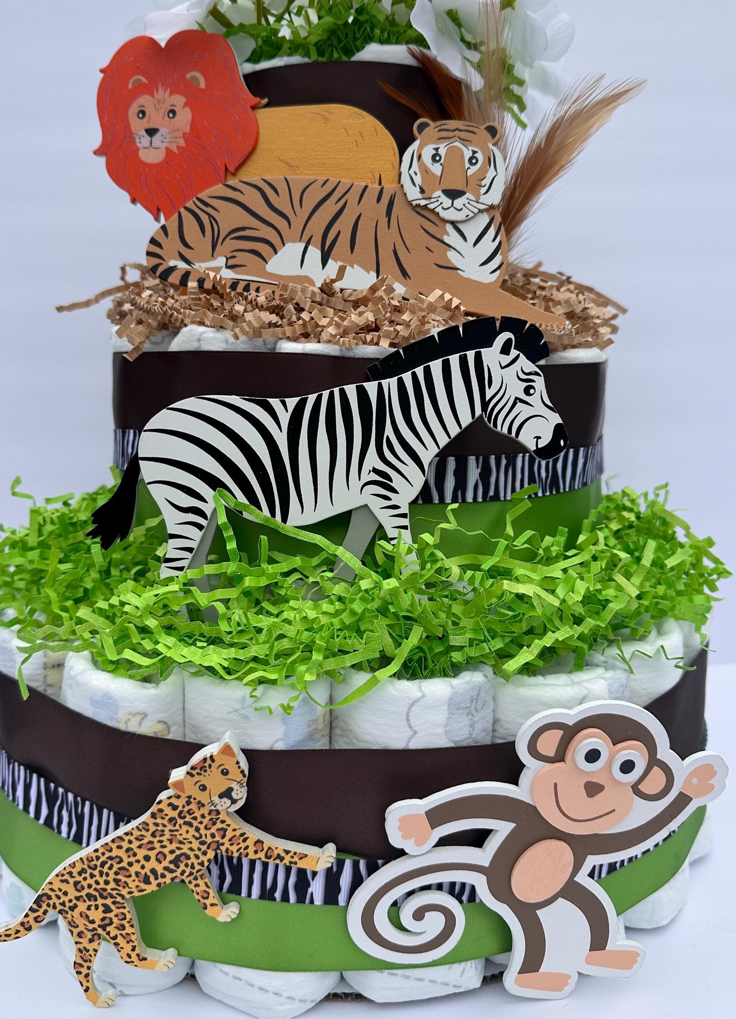 Diaper Cake 3 Tier, Jungle Style, Unisex, Neutral, Baby Shower Centerpiece Decor Gift, Practical Handmade Gift