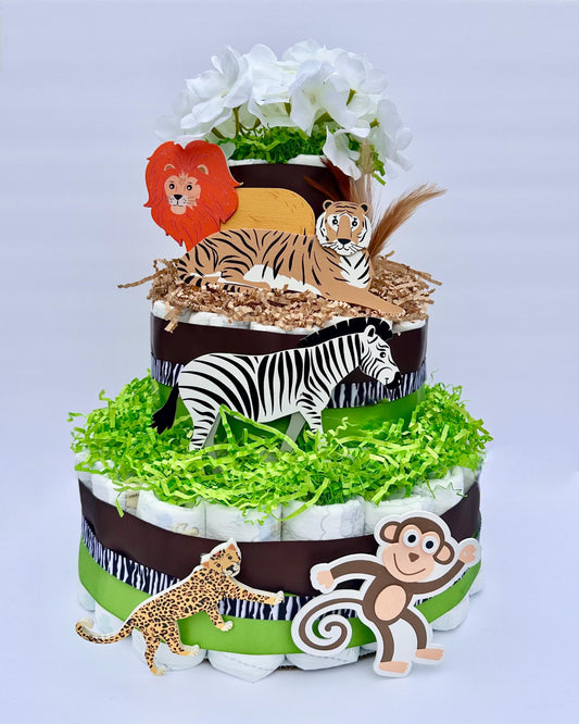 Diaper Cake 3 Tier, Jungle Style, Unisex, Neutral, Baby Shower Centerpiece Decor Gift, Practical Handmade Gift